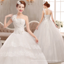 SLS057YC Ivory Bride Gown One Shoulder with Flowers Pleated Upper Part Ball Gown Wedding Dress In Stock